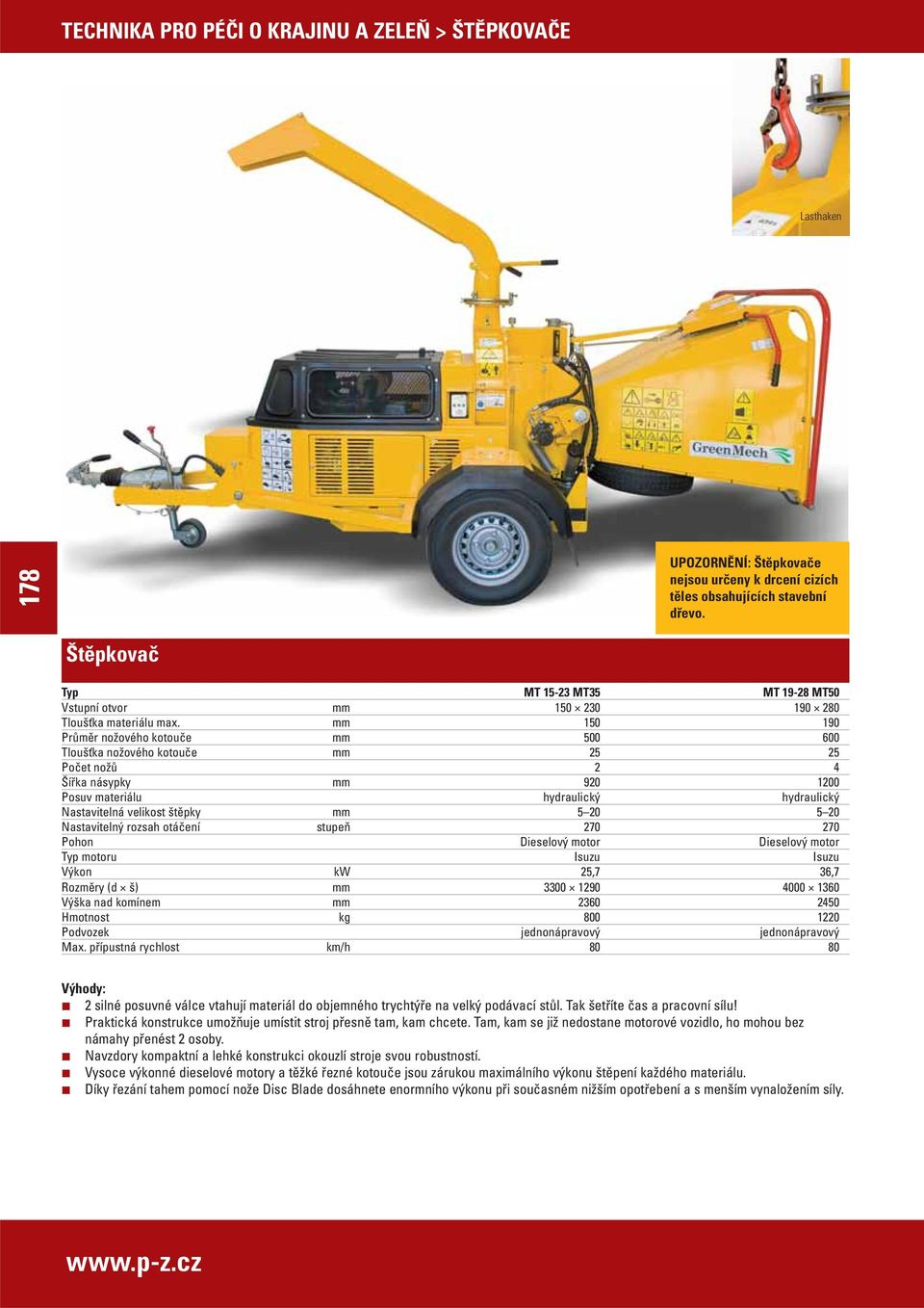 mm 150 190 Průměr nožového kotouče mm 500 600 Tloušťka nožového kotouče mm 25 25 Počet nožů 2 4 Šířka násypky mm 920 1200 Posuv materiálu hydraulický hydraulický Nastavitelná velikost štěpky mm 5 20