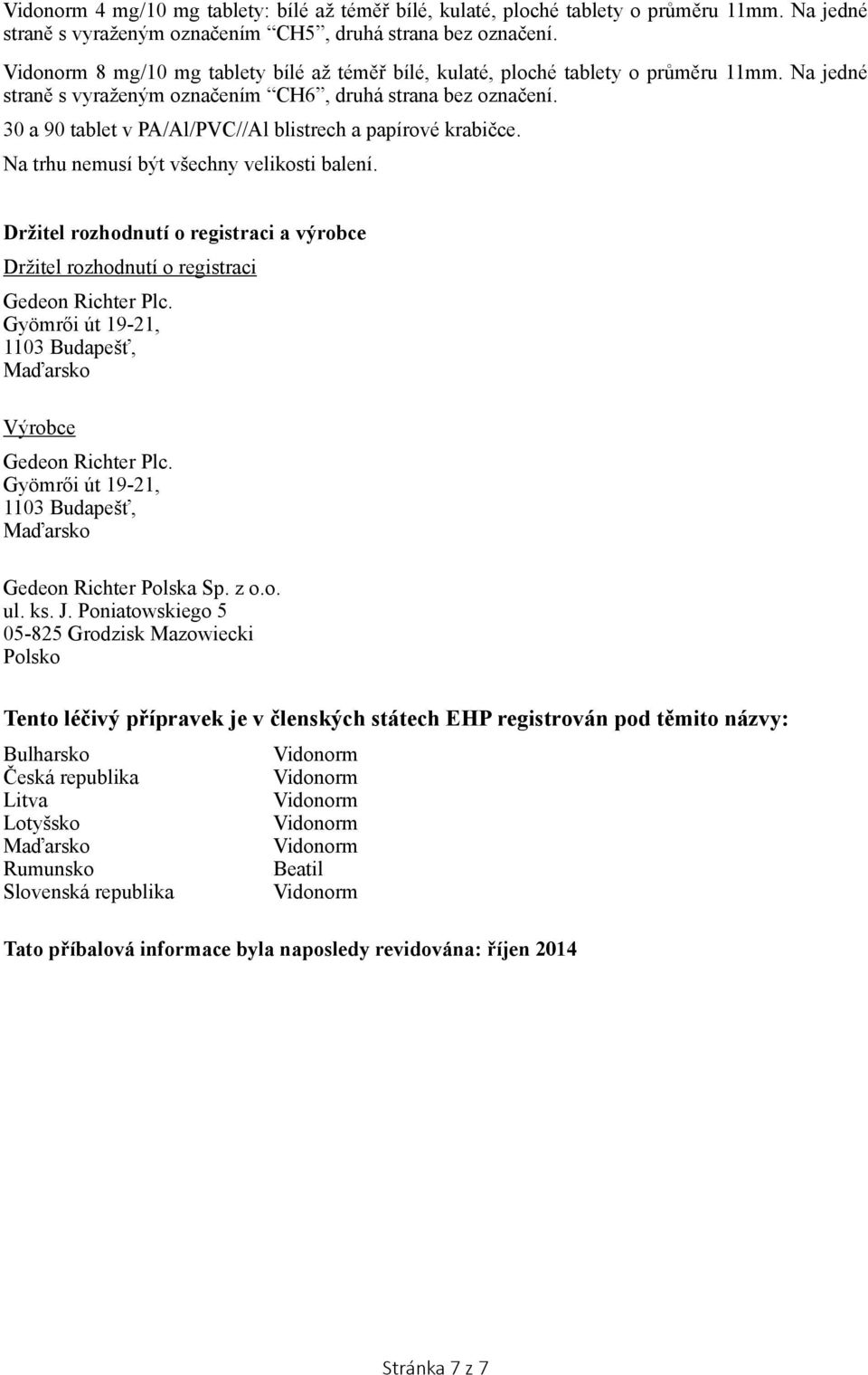 30 a 90 tablet v PA/Al/PVC//Al blistrech a papírové krabičce. Na trhu nemusí být všechny velikosti balení. Držitel rozhodnutí o registraci a výrobce Držitel rozhodnutí o registraci Gedeon Richter Plc.