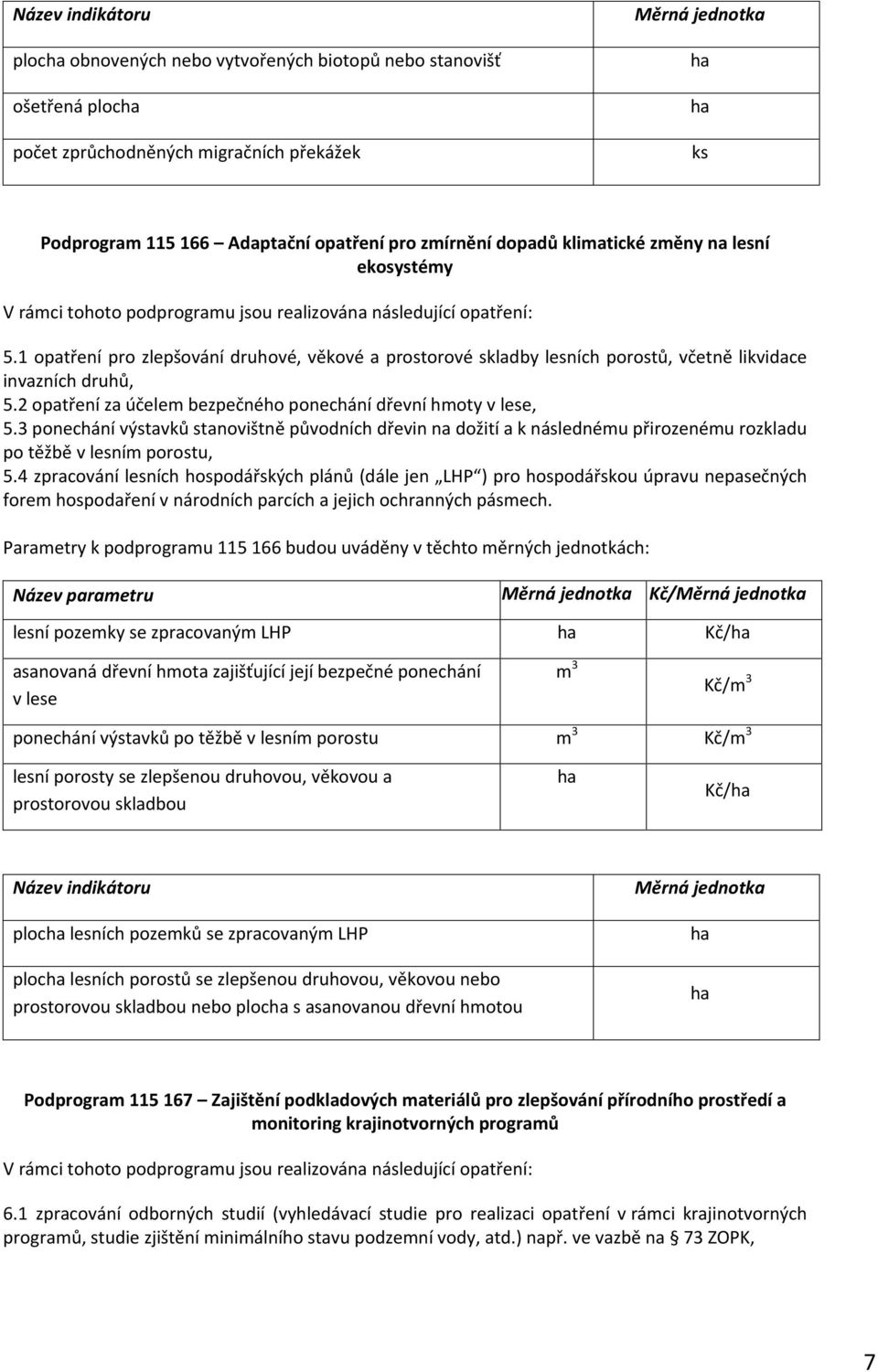 1 opatření pro zlepšování druhové, věkové a prostorové skladby lesních porostů, včetně likvidace invazních druhů, 5.2 opatření za účelem bezpečného ponechání dřevní hmoty v lese, 5.