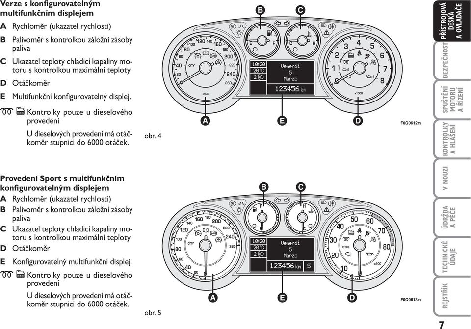 Provedení Sport s multifunkčním konfigurovatelným displejem A Rychloměr (ukazatel rychlosti) B Palivoměr s kontrolkou záložní zásoby paliva C Ukazatel teploty chladicí kapaliny motoru s kontrolkou