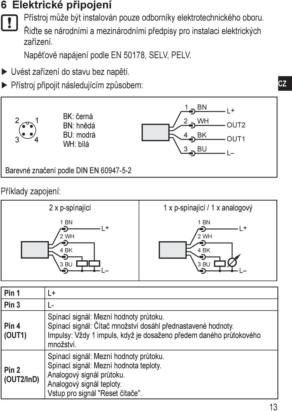 Přístroj připojit následujícím způsobem: 2 1 3 4 BK: černá BN: hnědá BU: modrá WH: bílá 1 2 4 3 BN WH BK BU L+ OUT2 OUT1 L Barevné značení podle DIN EN 60947-5-2 Příklady zapojení: 2 x p-spínající 1