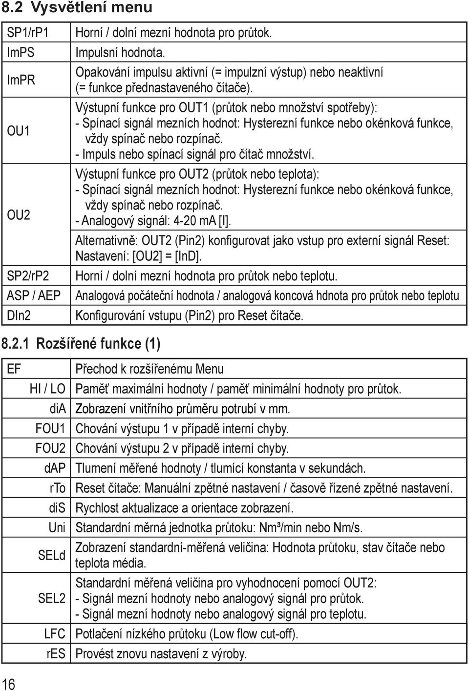 Výstupní funkce pro OUT1 (průtok nebo množství spotřeby): - pínací signál mezních hodnot: Hysterezní funkce nebo okénková funkce, vždy spínač nebo rozpínač.