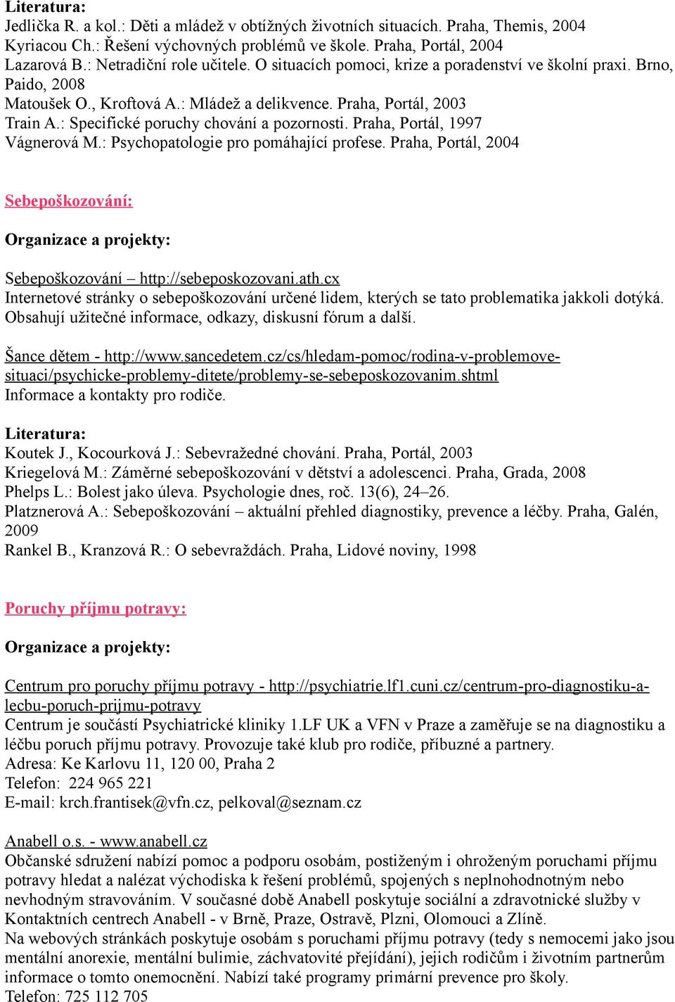 Praha, Portál, 1997 Vágnerová M.: Psychopatologie pro pomáhající profese. Praha, Portál, 2004 Sebepoškozování: Sebepoškozování http://sebeposkozovani.ath.