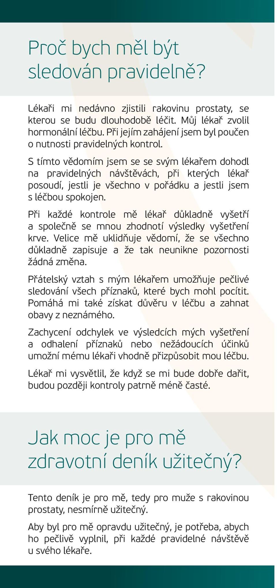 S tímto vědomím jsem se se svým lékařem dohodl na pravidelných návštěvách, při kterých lékař posoudí, jestli je všechno v pořádku a jestli jsem s léčbou spokojen.