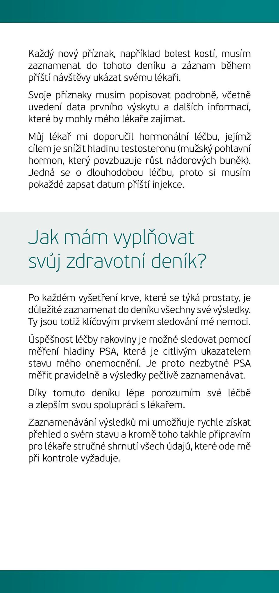 Můj lékař mi doporučil hormonální léčbu, jejímž cílem je snížit hladinu testosteronu (mužský pohlavní hormon, který povzbuzuje růst nádorových buněk).