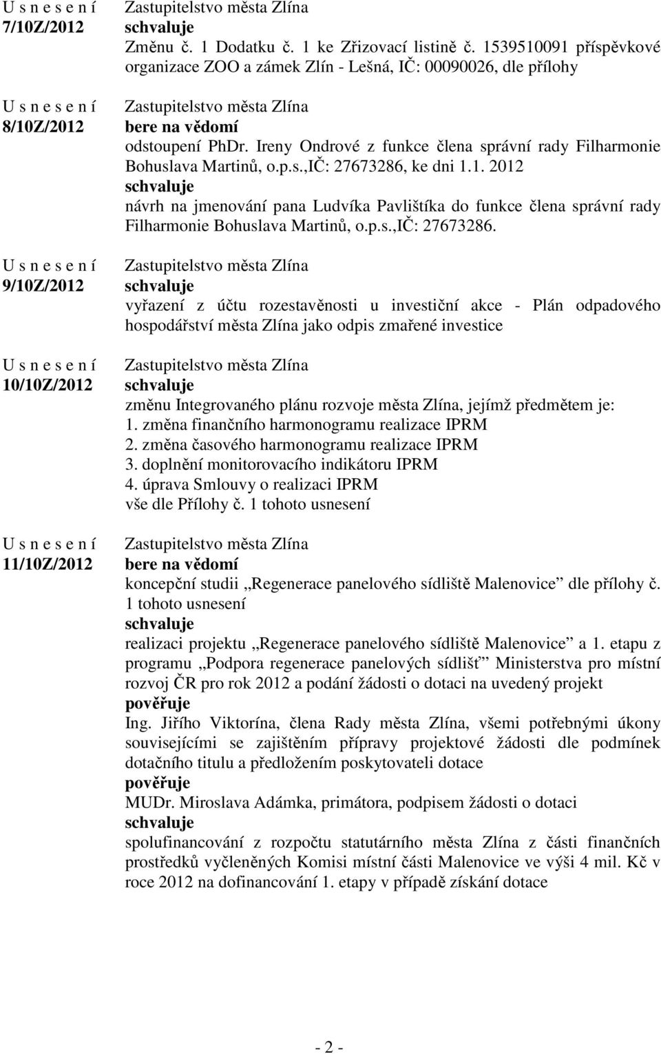 1. 2012 návrh na jmenování pana Ludvíka Pavlištíka do funkce člena správní rady Filharmonie Bohuslava Martinů, o.p.s.,ič: 27673286.