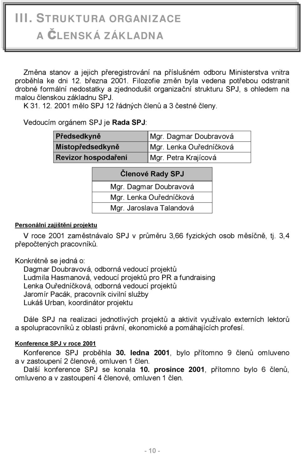 2001 mělo SPJ 12 řádných členů a 3 čestné členy. Vedoucím orgánem SPJ je Rada SPJ: Předsedkyně Místopředsedkyně Revizor hospodaření Mgr. Dagmar Doubravová Mgr. Lenka Ouředníčková Mgr.