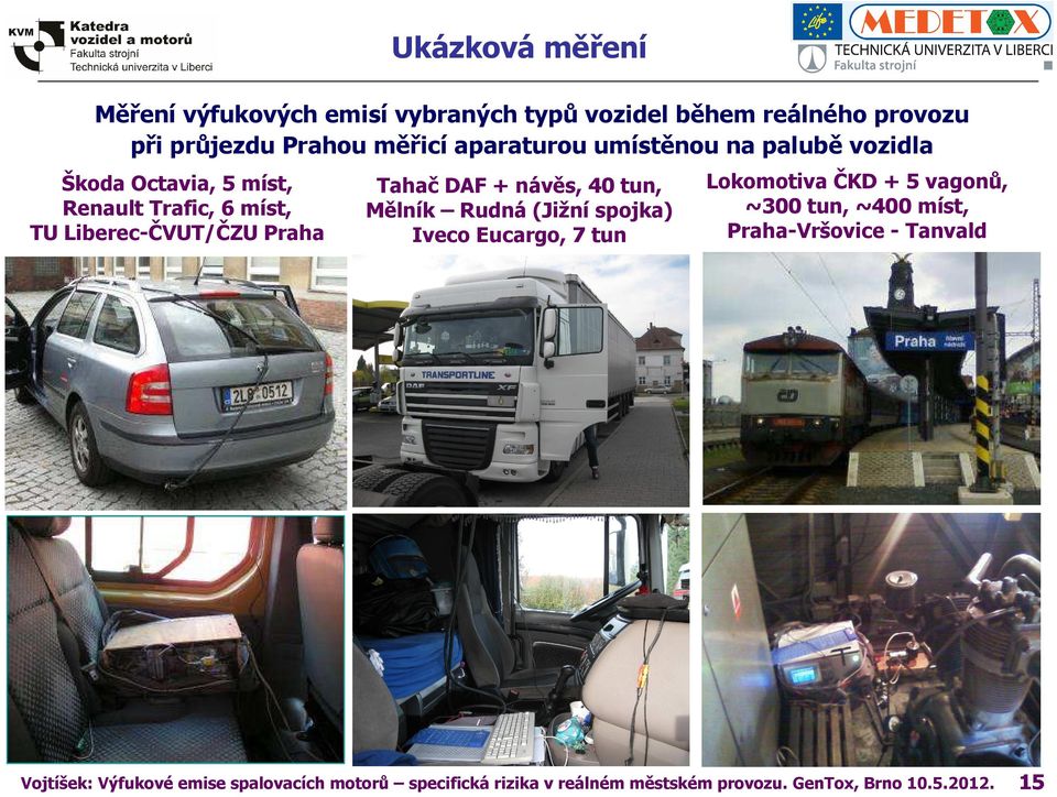 DAF + návěs, 4 tun, Mělník Rudná (Jižní spojka) Iveco Eucargo, 7 tun Lokomotiva ČKD + 5 vagonů, ~3 tun, ~4 míst,