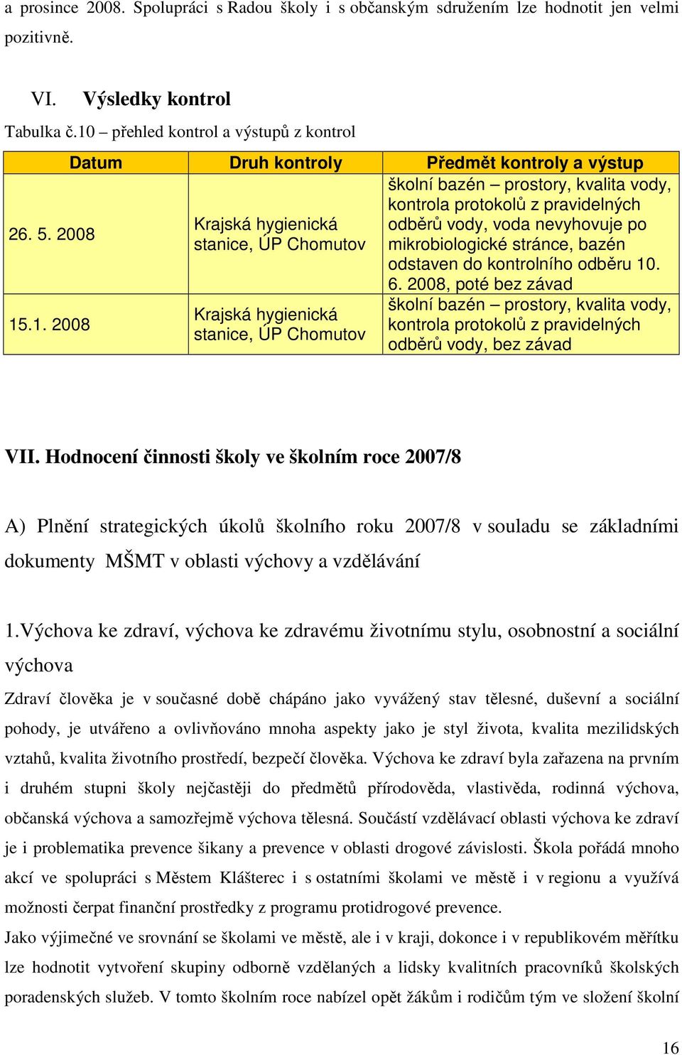 2008 Krajská hygienická odběrů vody, voda nevyhovuje po stanice, ÚP Chomutov mikrobiologické stránce, bazén odstaven do kontrolního odběru 10