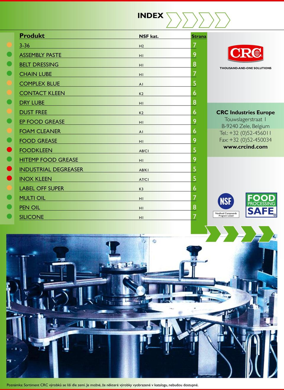 Foam Cleaner A1 6 Food Grease H1 9 Foodkleen A8/C1 5 HiTemp Food Grease H1 9 Industrial DegreaseR A8/K1 5 Inox Kleen A7/C1 5 Label Off Super K3 6 Multi Oil H1