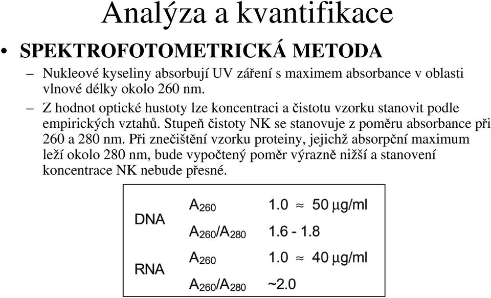 Z hodnot optické hustoty lze koncentraci a čistotu vzorku stanovit podle empirických vztahů.