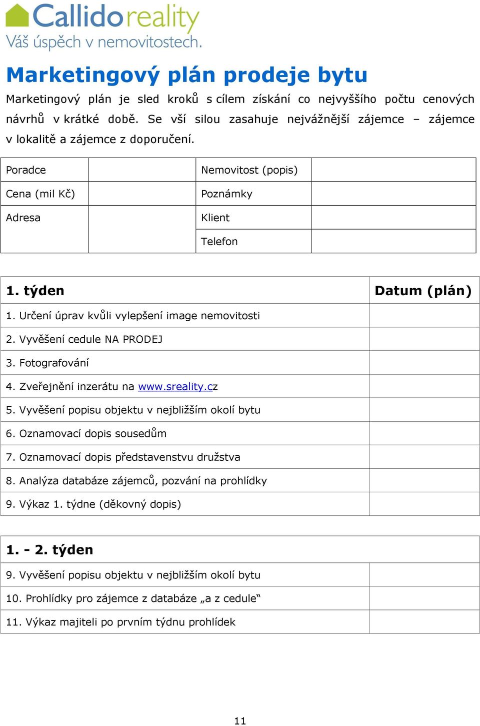 Určení úprav kvůli vylepšení image nemovitosti 2. Vyvěšení cedule NA PRODEJ 3. Fotografování 4. Zveřejnění inzerátu na www.sreality.cz 5. Vyvěšení popisu objektu v nejbližším okolí bytu 6.