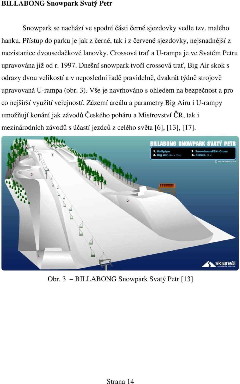 Dnešní snowpark tvoří crossová trať, Big Air skok s odrazy dvou velikostí a v neposlední řadě pravidelně, dvakrát týdně strojově upravovaná U-rampa (obr. 3).