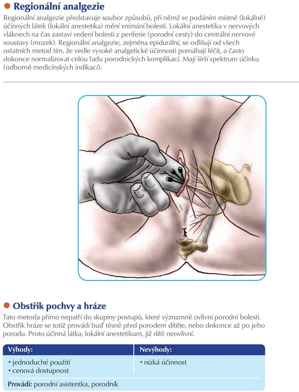 Regionální analgezie, zejména epidurální, se odlišují od všech ostatních metod tím, že vedle vysoké analgetické účinnosti pomáhají léčit, a často dokonce normalizovat celou řadu porodnických
