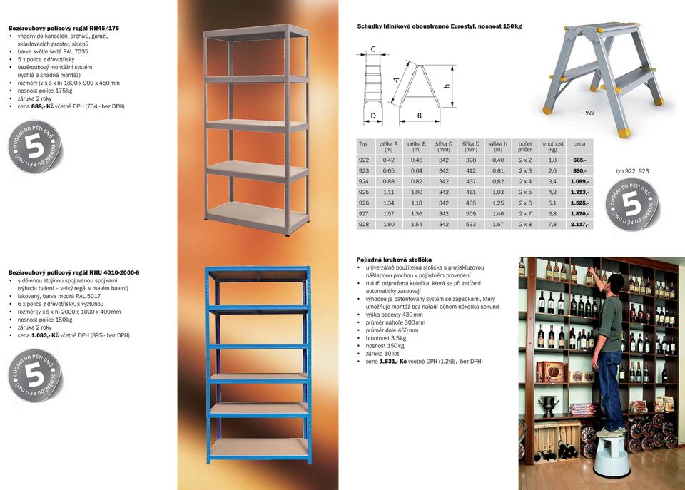 délka B šířka C šířka D výška h počet hmotnost cena (m) (m) (mm) (mm) (m) příček (kg) 922 0,42 0,46 342 398 0,40 2 x 2 1,8 665,- 923 0,65 0,64 342 412 0,61 2 x 3 2,6 890,- 924 0,88 0,82 342 437 0,82