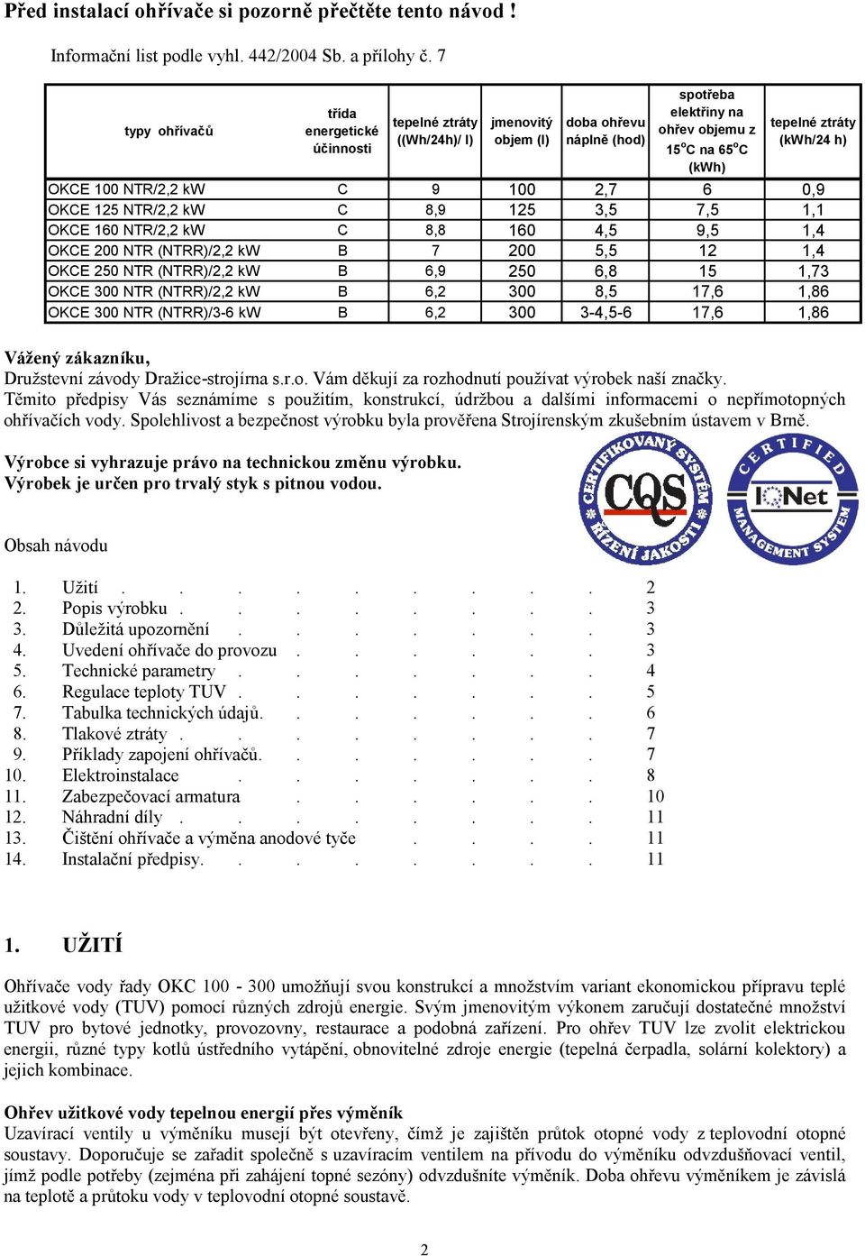 h) OKCE 00 NTR/2,2 kw C 9 00 2,7 6 0,9 OKCE 25 NTR/2,2 kw C 8,9 25 3,5 7,5, OKCE 60 NTR/2,2 kw C 8,8 60 4,5 9,5,4 OKCE 200 NTR (NTRR)/2,2 kw B 7 200 5,5 2,4 OKCE 250 NTR (NTRR)/2,2 kw B 6,9 250 6,8