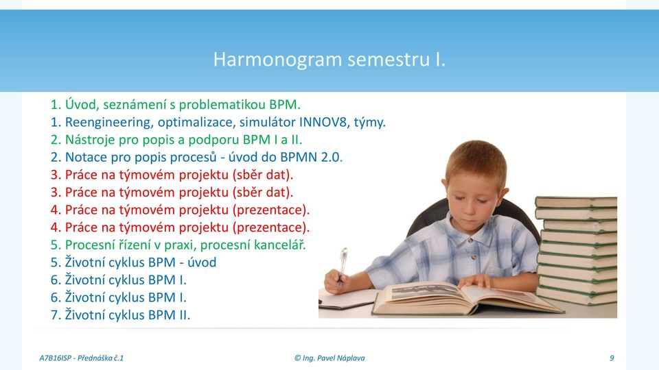 Práce na týmovém projektu (prezentace). 4. Práce na týmovém projektu (prezentace). 5. Procesní řízení v praxi, procesní kancelář. 5. Životní cyklus BPM - úvod 6.