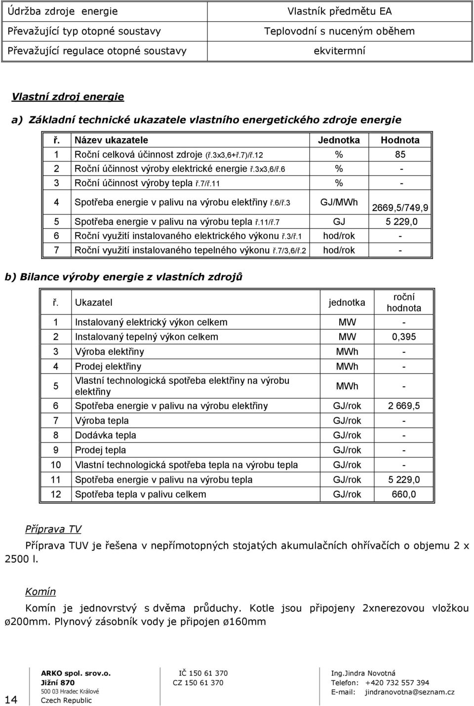 6 % - 3 Roční účinnost výroby tepla ř.7/ř.11 % - 4 Spotřeba energie v palivu na výrobu elektřiny ř.6/ř.3 GJ/MWh 2669,5/749,9 5 Spotřeba energie v palivu na výrobu tepla ř.11/ř.