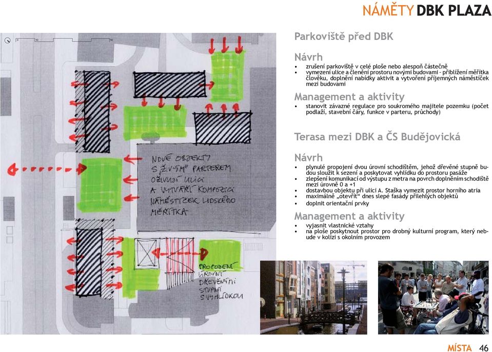 Staška vymezit prostor horního atria maximálně otevřít dnes slepé fasády přilehlých objektů doplnit orientační prvky Management a aktivity zrušení parkoviště v celé ploše nebo alespoň částečně