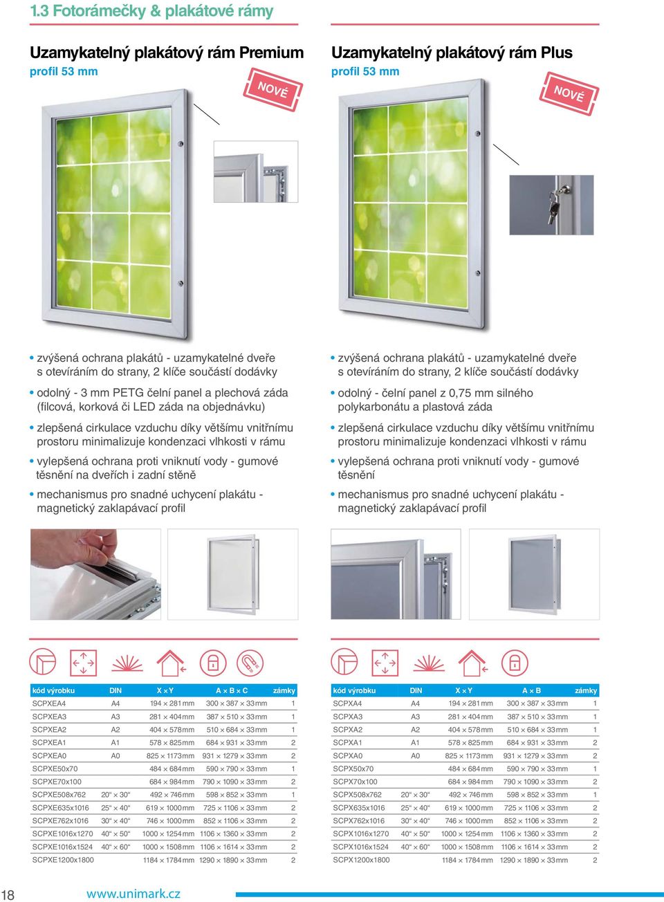 kondenzaci vlhkosti v rámu vylepšená ochrana proti vniknutí vody - gumové těsnění na dveřích i zadní stěně mechanismus pro snadné uchycení plakátu - magnetický zaklapávací profil zvýšená ochrana