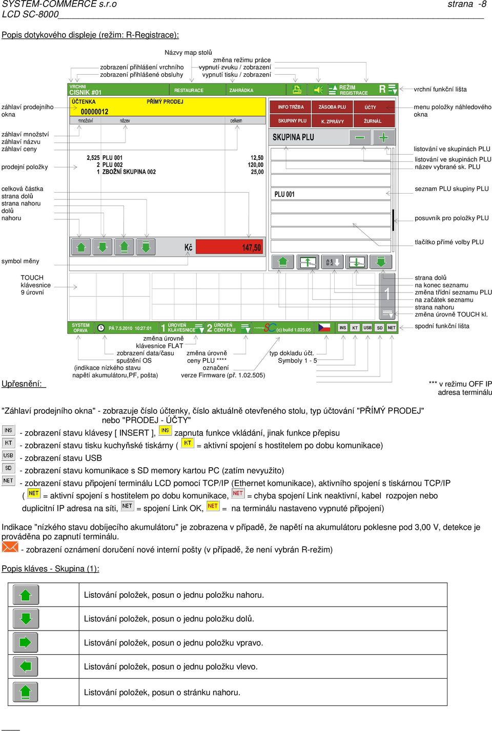 zobrazení VRCHNI CISNIK #01 RESTAURACE ZAHRÁDKA REŽIM REGISTRACE R vrchní funkční lišta záhlaví prodejního okna INFO TRŽBA SKUPINY PLU ZÁSOBA PLU ÚČTY K.