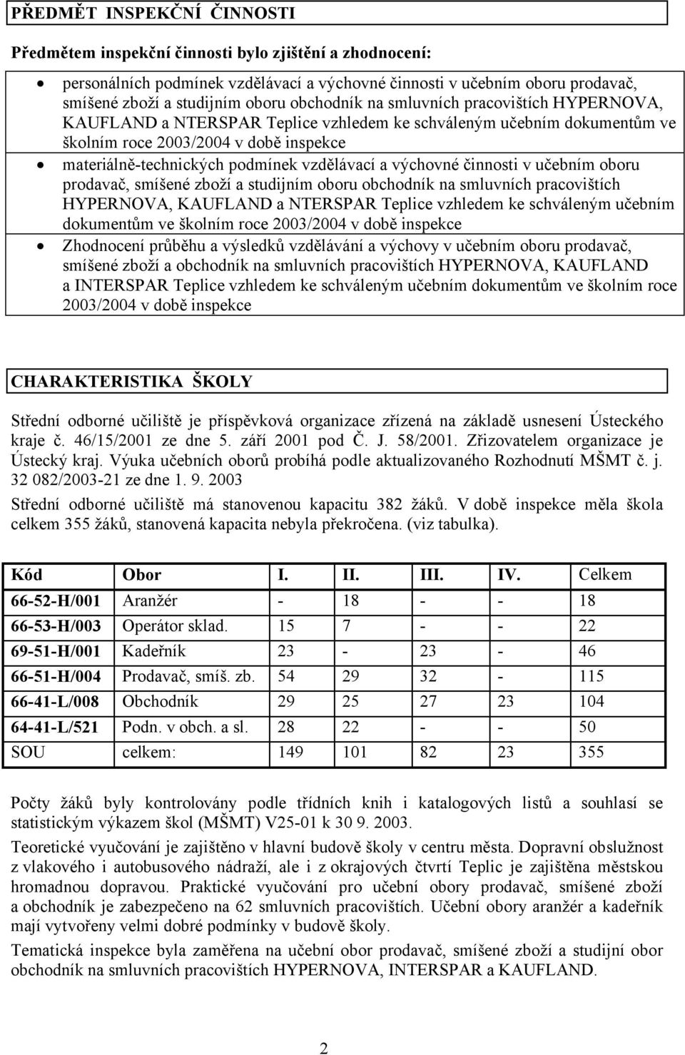 vzdělávací a výchovné činnosti v učebním oboru prodavač, smíšené zboží a studijním oboru obchodník na smluvních pracovištích HYPERNOVA, KAUFLAND a NTERSPAR Teplice vzhledem ke schváleným učebním