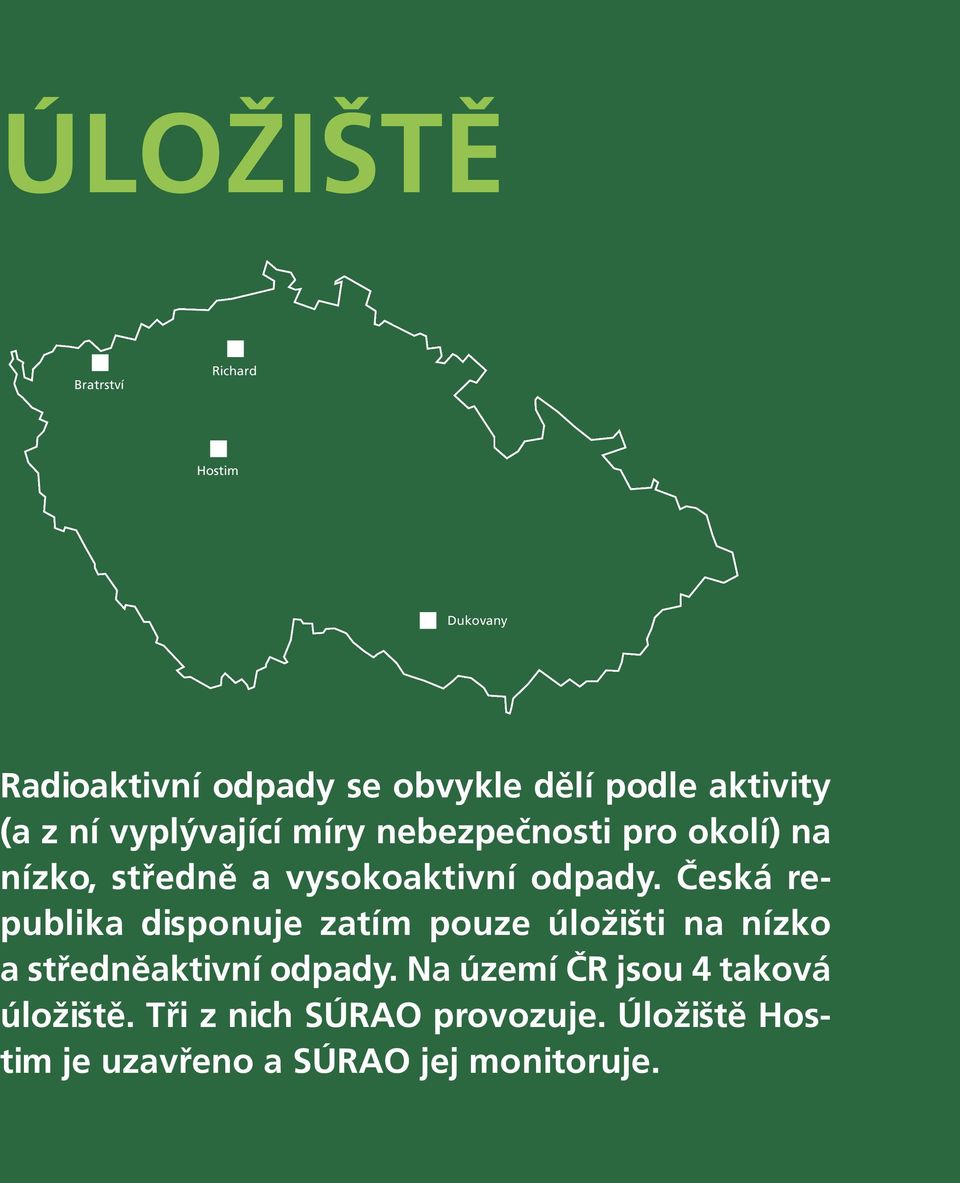 Česká republika disponuje zatím pouze úložišti na nízko a středněaktivní odpady.