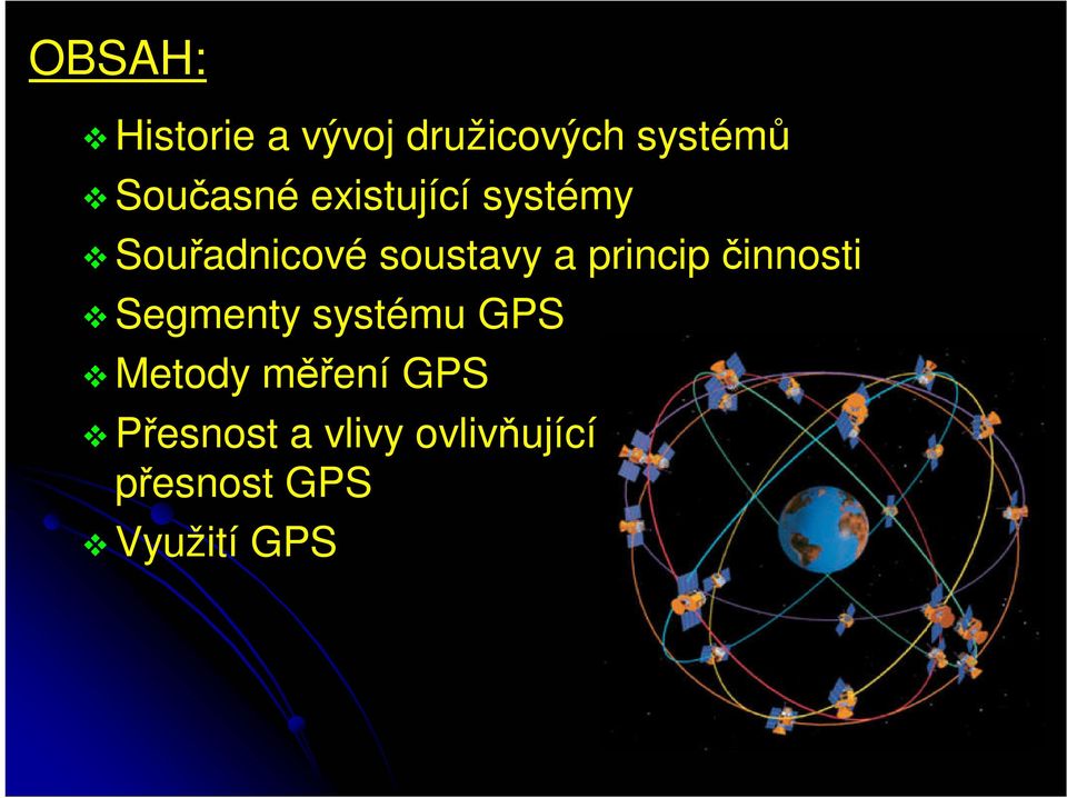 princip činnosti Segmenty systému GPS Metody měření