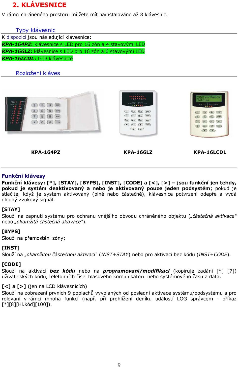 Rozloženi kláves KPA-164PZ KPA-166LZ KPA-16LCDL Funkční klávesy Funkční klávesy: [*], [STAY], [BYPS], [INST], [CODE] a [<], [>] jsou funkční jen tehdy, pokud je systém deaktivovaný a nebo je