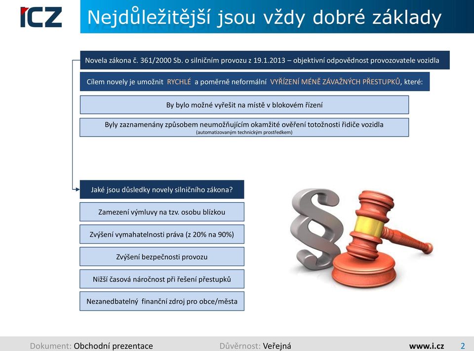 .1.2013 objektivní odpovědnost provozovatele vozidla Cílem novely je umožnit RYCHLÉ a poměrně neformální VYŘÍZENÍ MÉNĚ ZÁVAŽNÝCH PŘESTUPKŮ, které: By bylo možné vyřešit na místě v