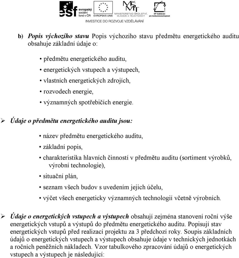 Údaje o předmětu energetického auditu jsou: název předmětu energetického auditu, základní popis, charakteristika hlavních činností v předmětu auditu (sortiment výrobků, výrobní technologie), situační