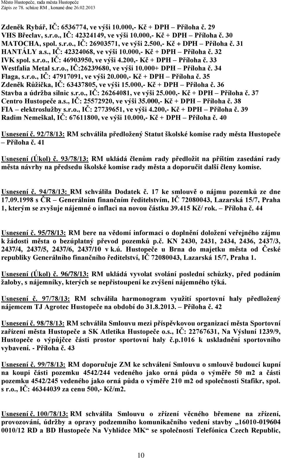 000+ DPH Příloha č. 34 Flaga, s.r.o., IČ: 47917091, ve výši 20.000,- Kč + DPH Příloha č. 35 Zdeněk Růžička, IČ: 63437805, ve výši 15.000,- Kč + DPH Příloha č. 36 Stavba a údržba silnic s.r.o., IČ: 26264081, ve výši 25.