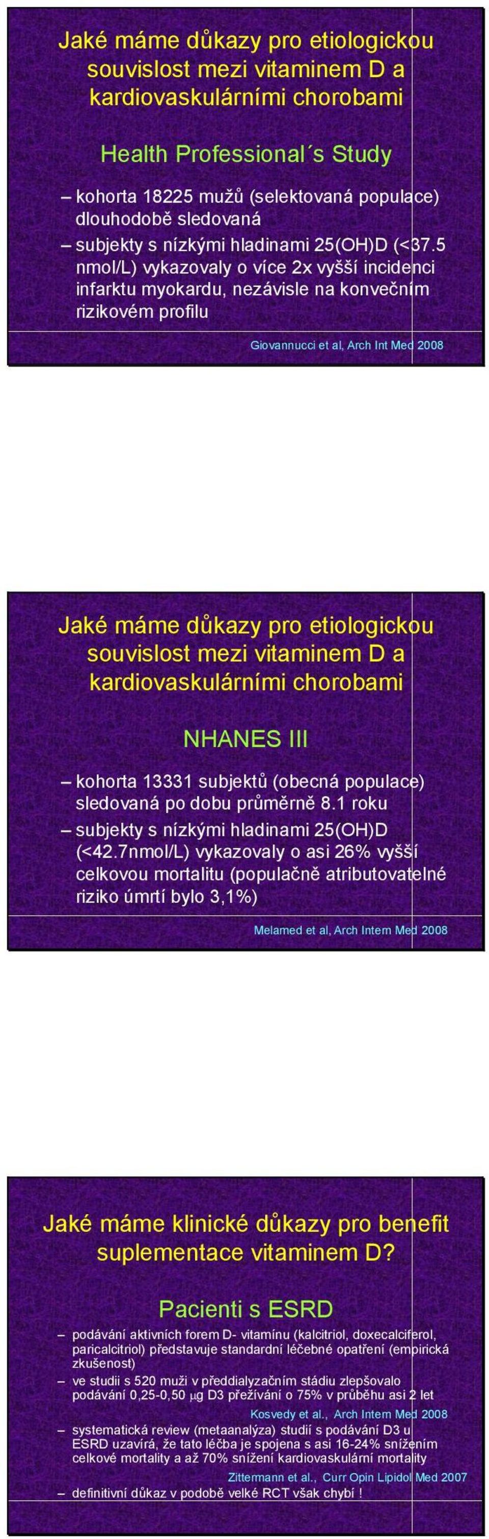 5 nmol/l) vykazovaly o více 2x vyšší incidenci infarktu myokardu, nezávisle na konvečním rizikovém profilu Giovannucci et al, Arch Int Med 2008 Jaké máme důkazy pro etiologickou souvislost mezi