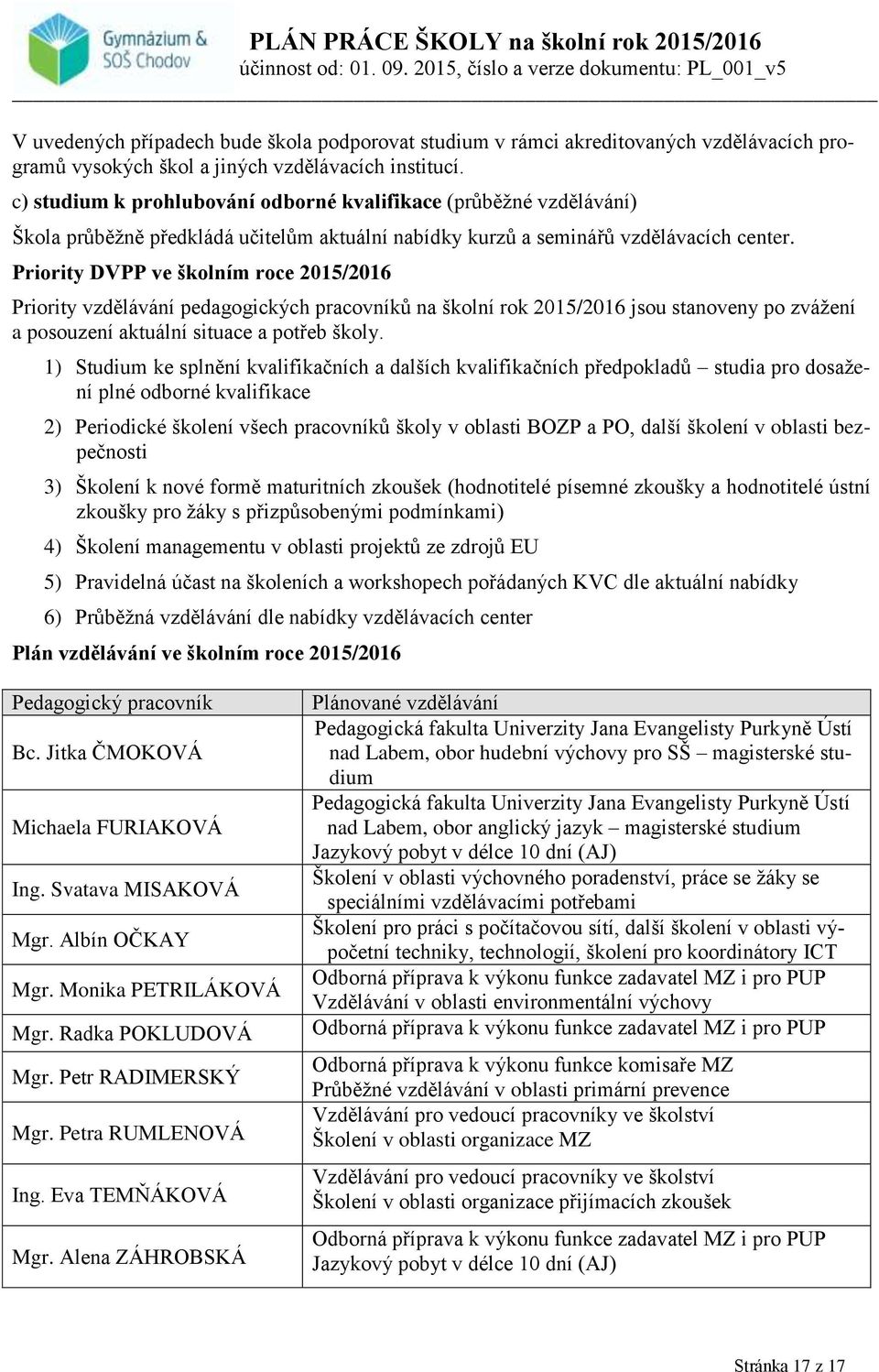 Priority DVPP ve školním roce 2015/2016 Priority vzdělávání pedagogických pracovníků na školní rok 2015/2016 jsou stanoveny po zvážení a posouzení aktuální situace a potřeb školy.