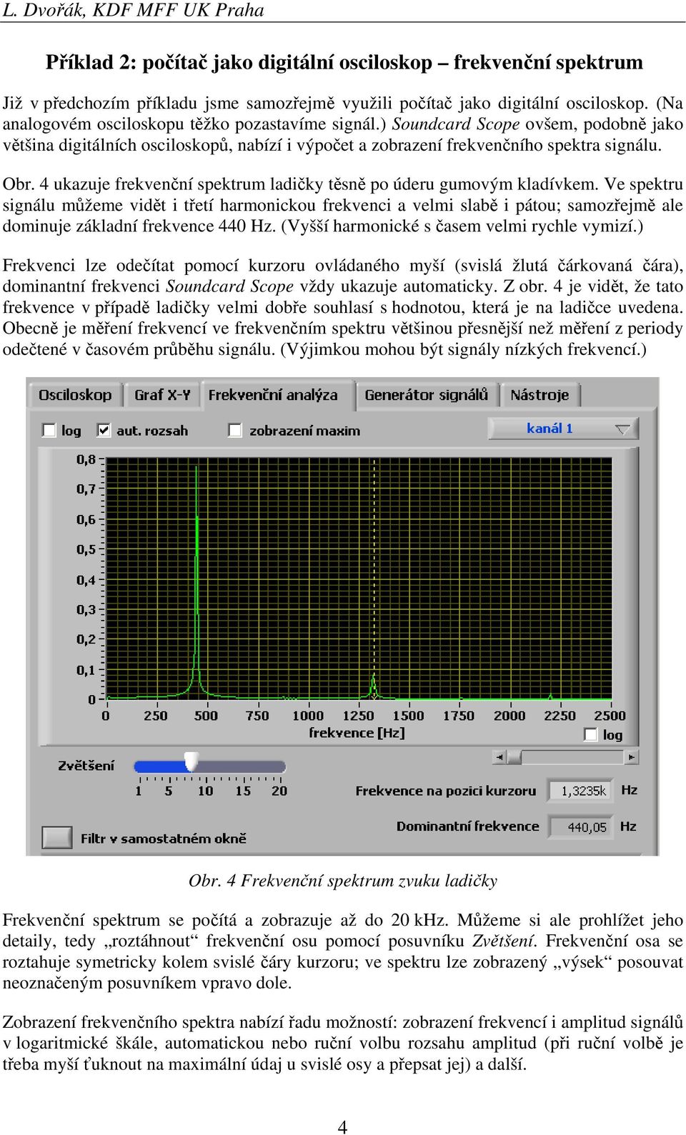 4 ukazuje frekvenční spektrum ladičky těsně po úderu gumovým kladívkem.