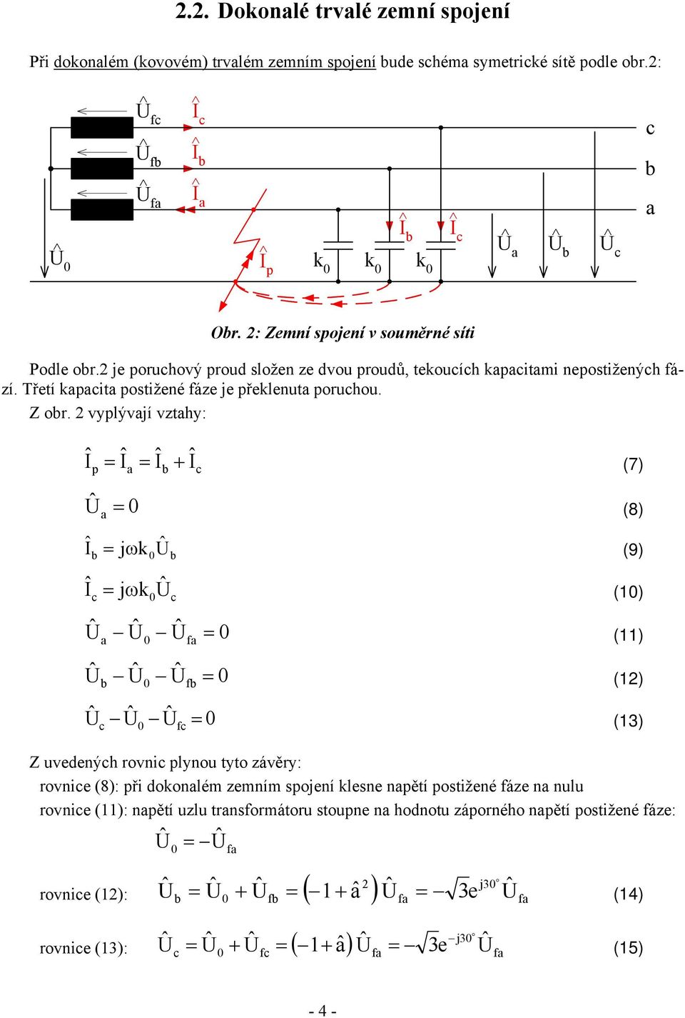 Z or. vylývjí vzthy: (7) (8) jωk (9) jωk () () f () f (3) f Z uvedenýh rovni lynou tyto závěry: rovnie (8): ři dokonlém zemním sojení klesne nětí ostižené