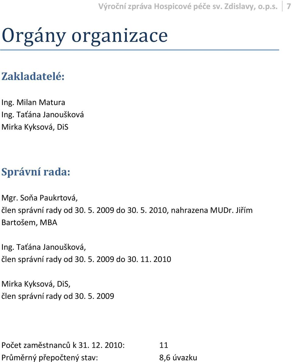 2009 do 30. 5. 2010, nahrazena MUDr. Jiřím Bartošem, MBA Ing. Taťána Janoušková, člen správní rady od 30. 5. 2009 do 30.