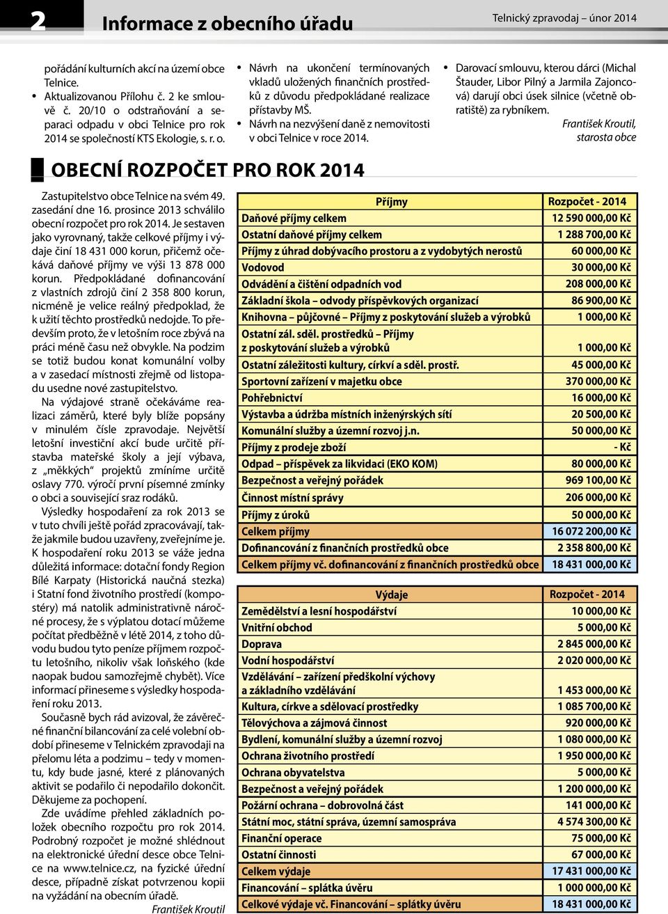 Návrh na nezvýšení daně z nemovitosti v obci Telnice v roce 2014.