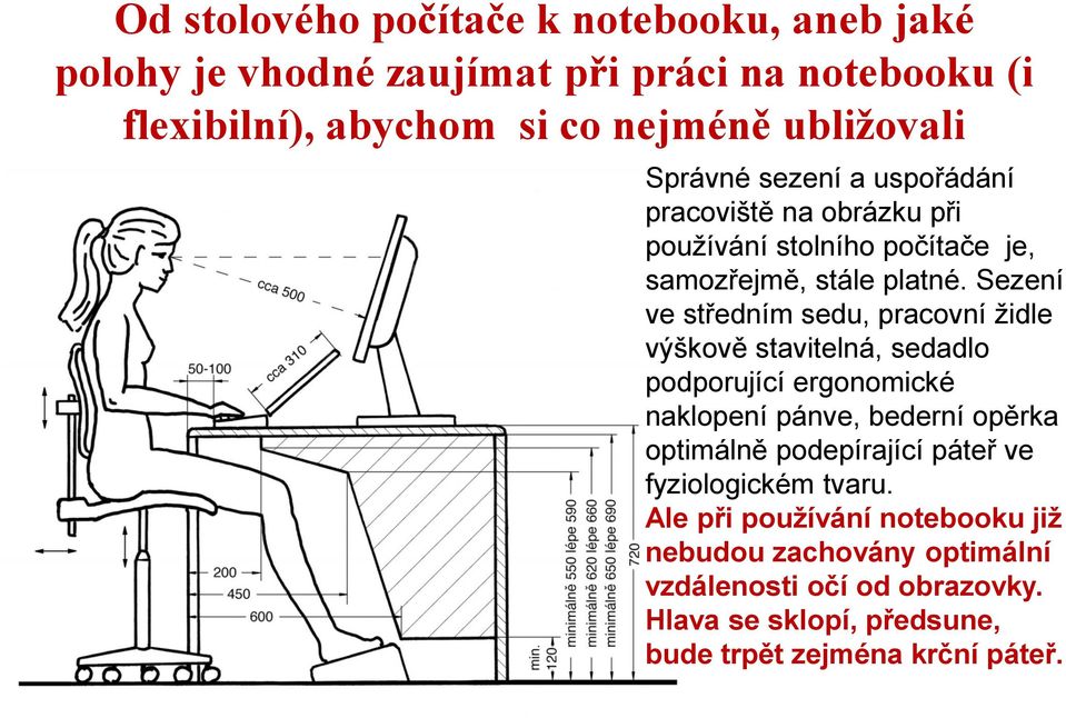 Sezení ve středním sedu, pracovní židle výškově stavitelná, sedadlo podporující ergonomické naklopení pánve, bederní opěrka optimálně