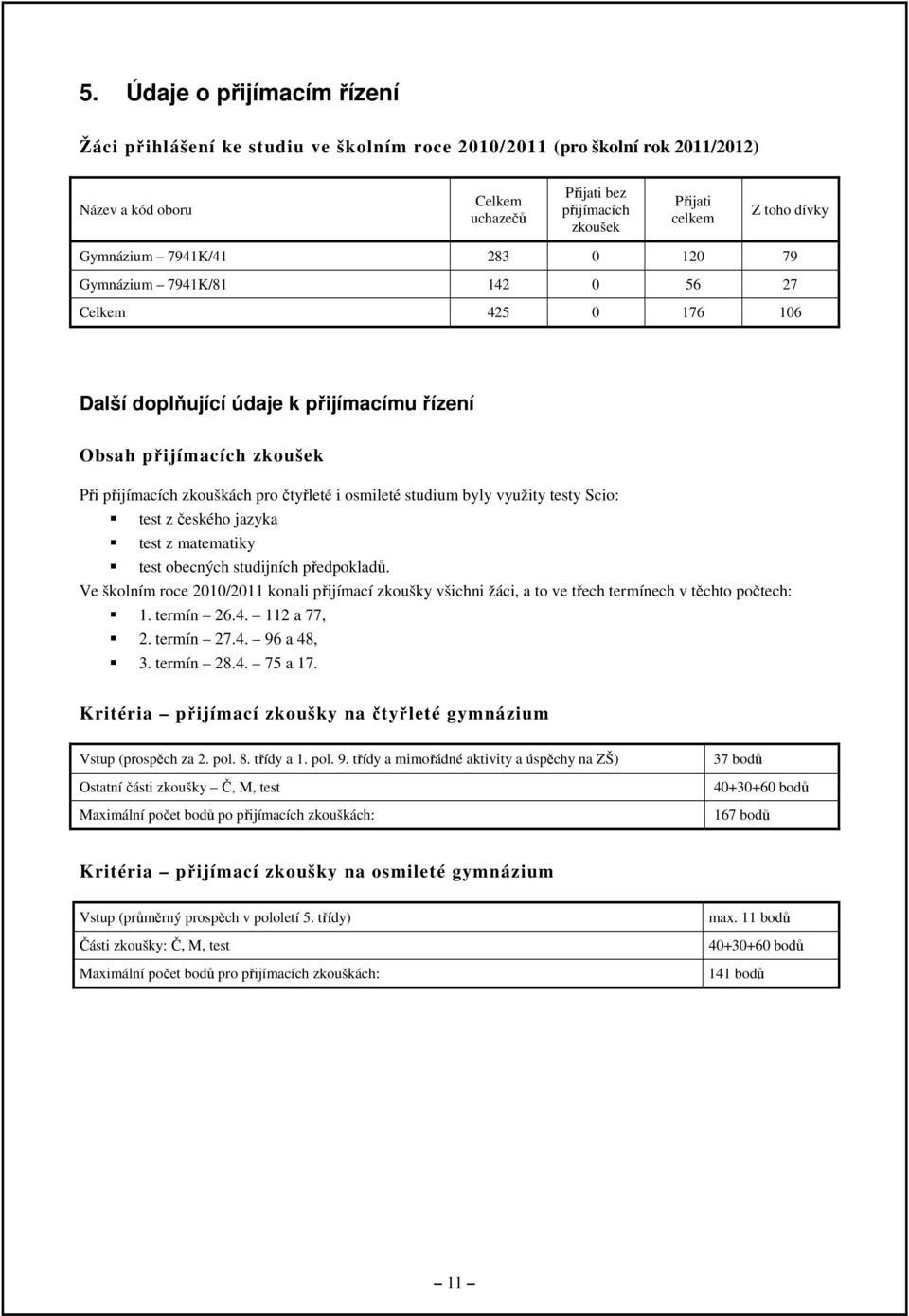 i osmileté studium byly využity testy Scio: test z českého jazyka test z matematiky test obecných studijních předpokladů.