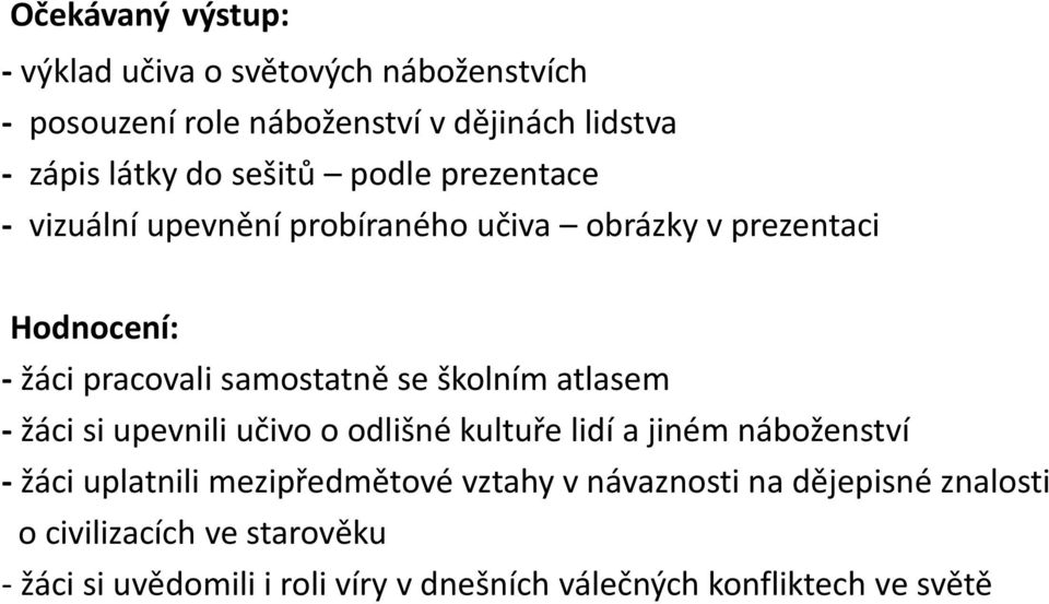 školním atlasem - žáci si upevnili učivo o odlišné kultuře lidí a jiném náboženství - žáci uplatnili mezipředmětové vztahy v