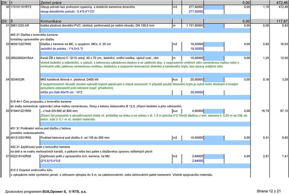 AR trubka plastová drenážní PVC; ohebná; perforovaná po celém obvodu; DN 100,0 mm m 1 737,00000 0,00 0,00 0,83 465 51 Dlažba z lomového kamene lomařsky upraveného pro dlažbu 52 465513227R00 Dlažba z