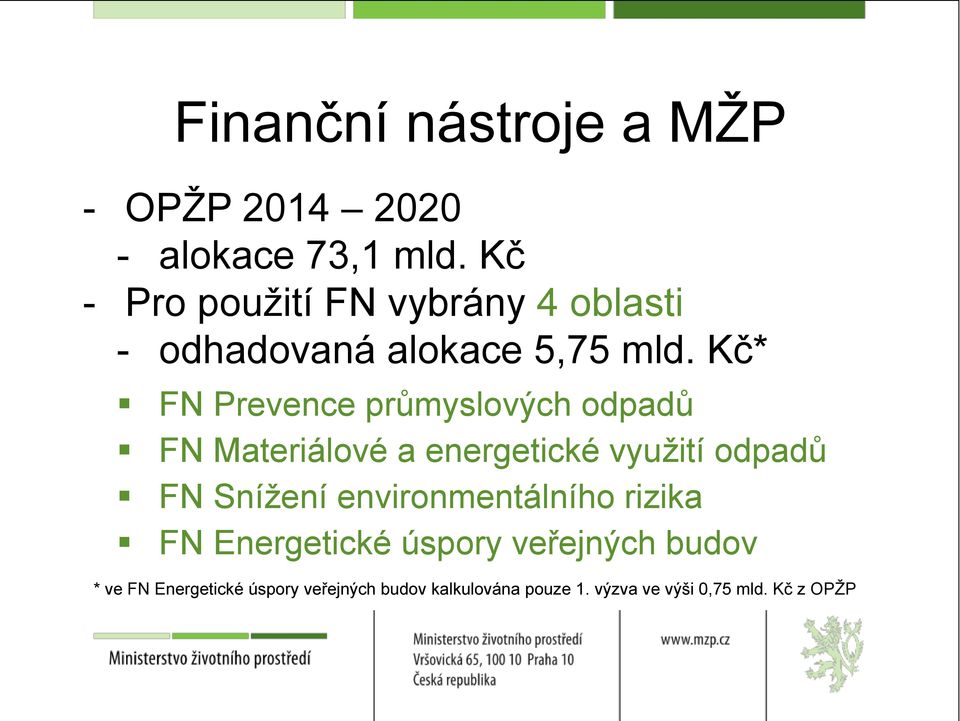 Kč* FN Prevence průmyslových odpadů FN Materiálové a energetické využití odpadů FN Snížení