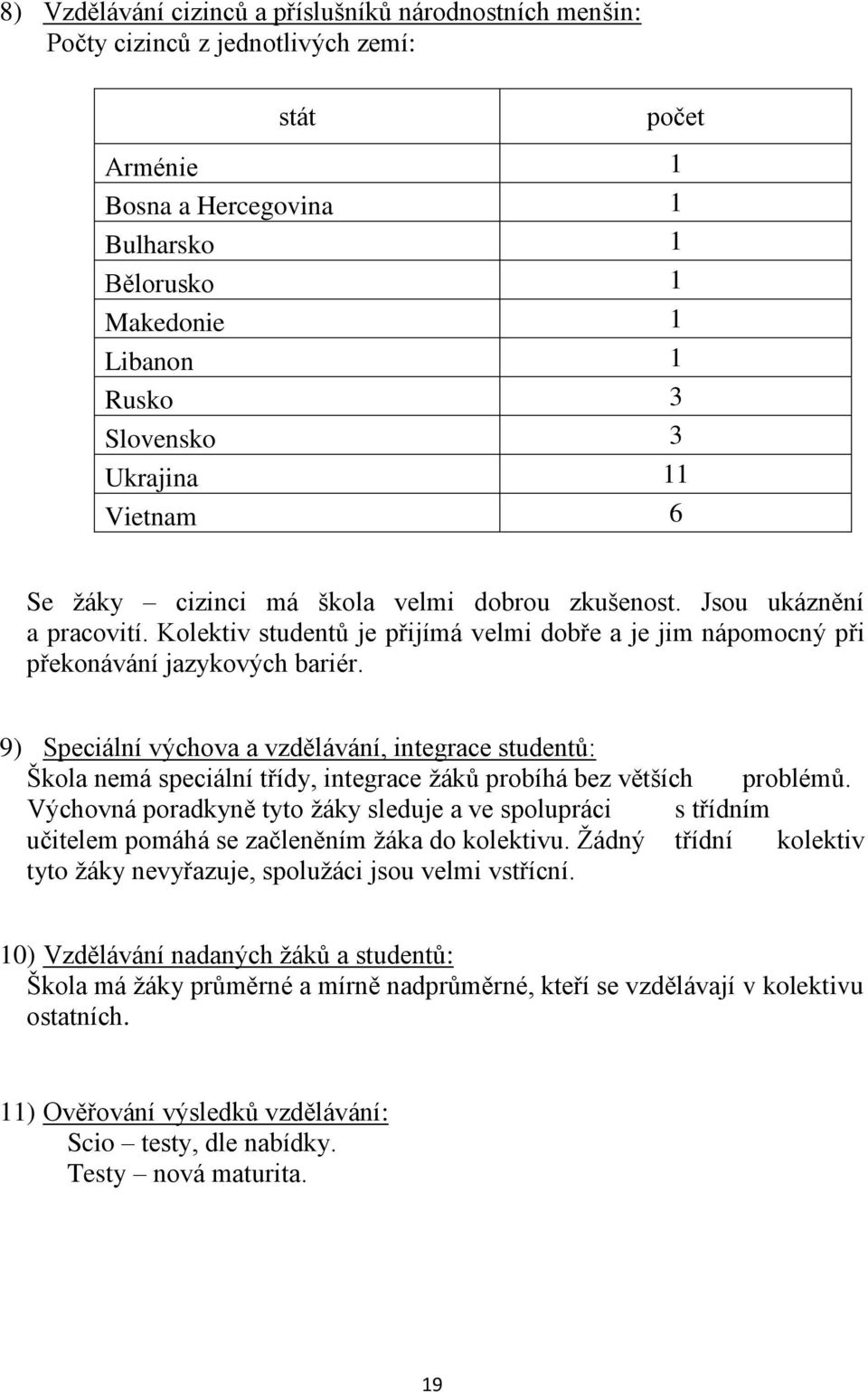 9) Speciální výchova a vzdělávání, integrace studentů: Škola nemá speciální třídy, integrace žáků probíhá bez větších problémů.