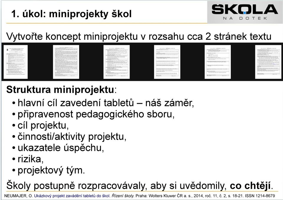 úspěchu, rizika, projektový tým. Školy postupně rozpracovávaly, aby si uvědomily, co chtějí. NEUMAJER, O.