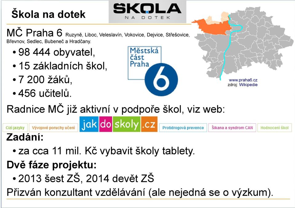 cz zdroj: Wikipedie Radnice MČ již aktivní v podpoře škol, viz web: Zadání: za cca 11 mil.