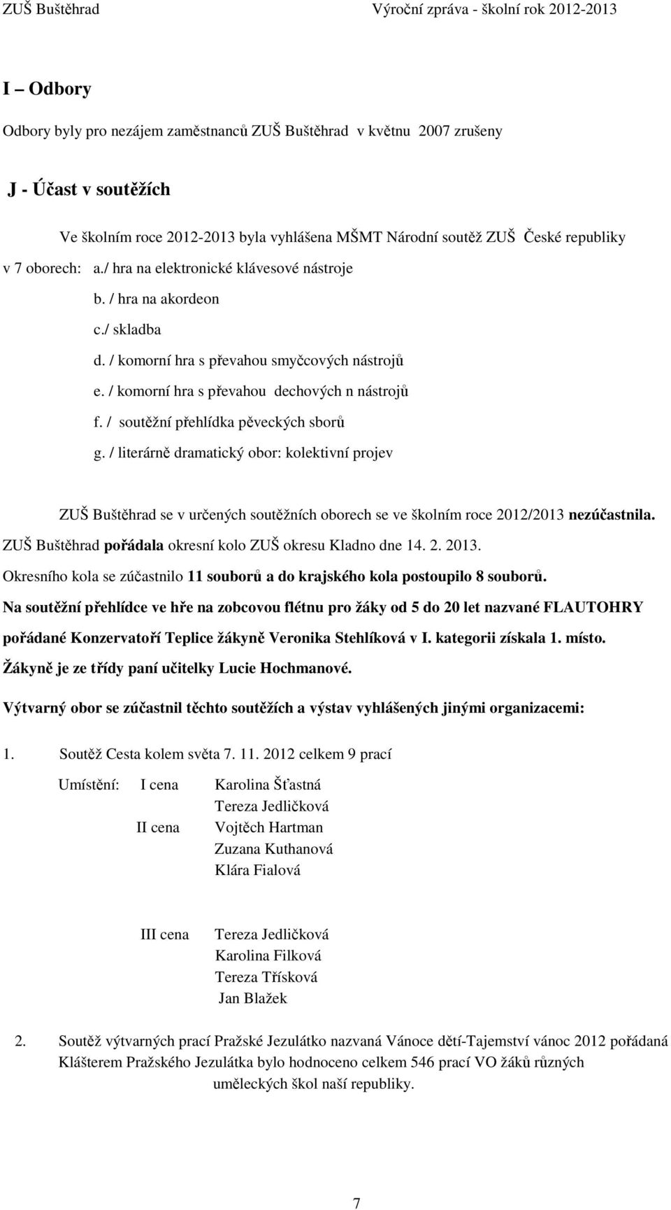 / soutěžní přehlídka pěveckých sborů g. / literárně dramatický obor: kolektivní projev ZUŠ Buštěhrad se v určených soutěžních oborech se ve školním roce 2012/2013 nezúčastnila.