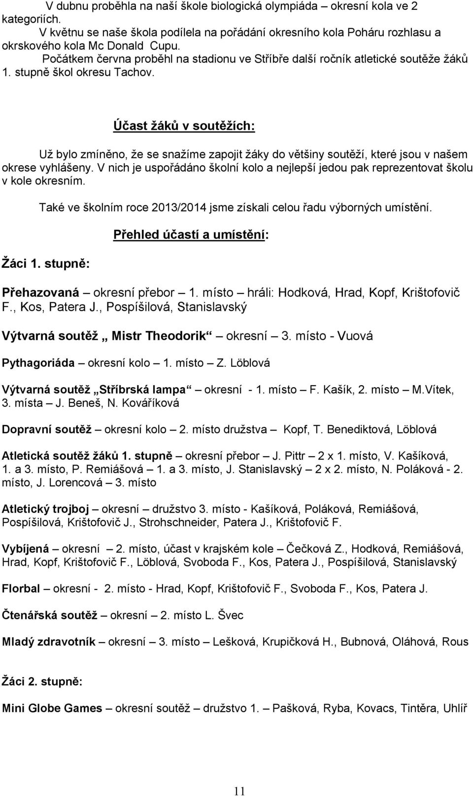 Účast žáků v soutěžích: Už bylo zmíněno, že se snažíme zapojit žáky do většiny soutěží, které jsou v našem okrese vyhlášeny.