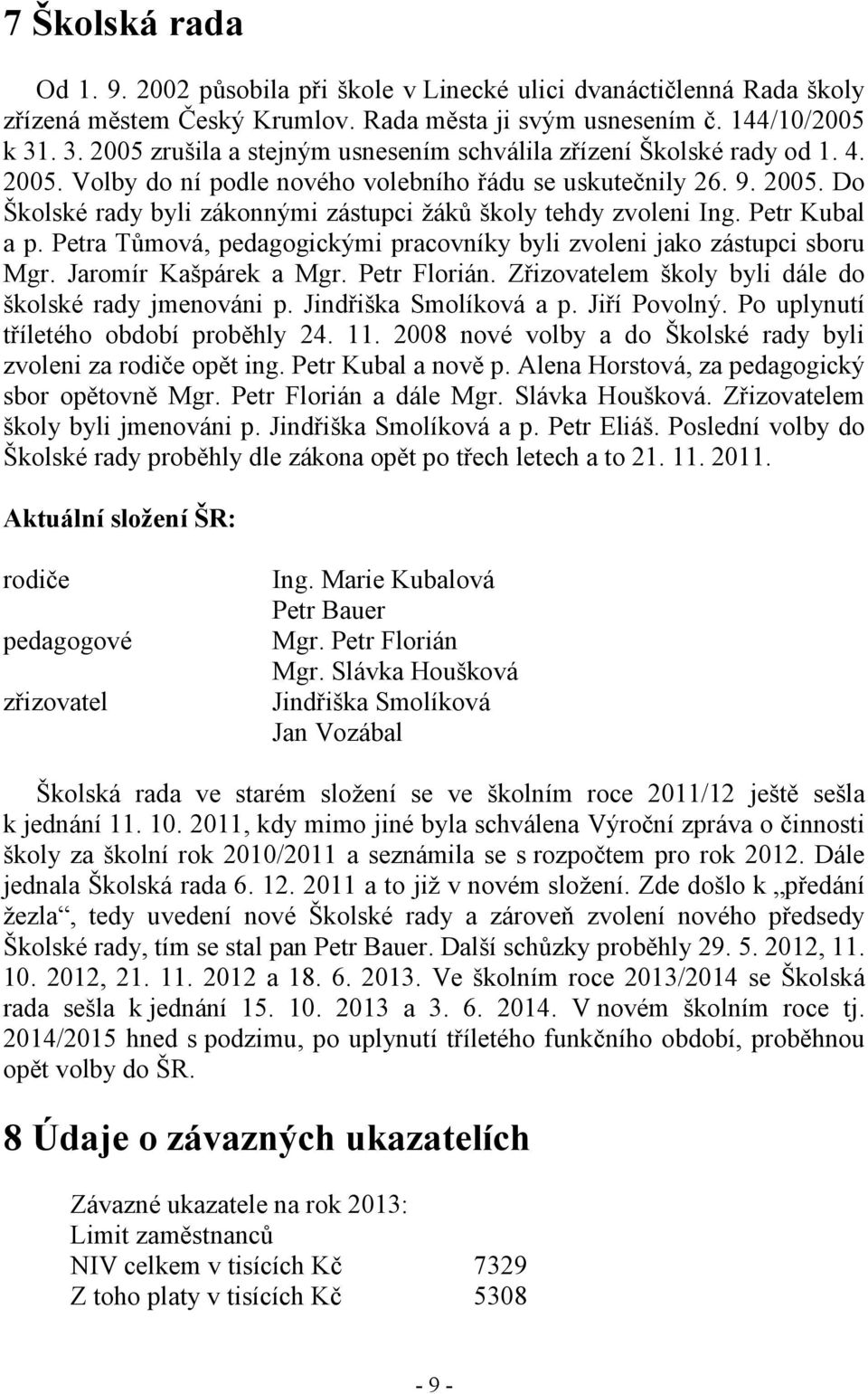 Petr Kubal a p. Petra Tůmová, pedagogickými pracovníky byli zvoleni jako zástupci sboru Mgr. Jaromír Kašpárek a Mgr. Petr Florián. Zřizovatelem školy byli dále do školské rady jmenováni p.