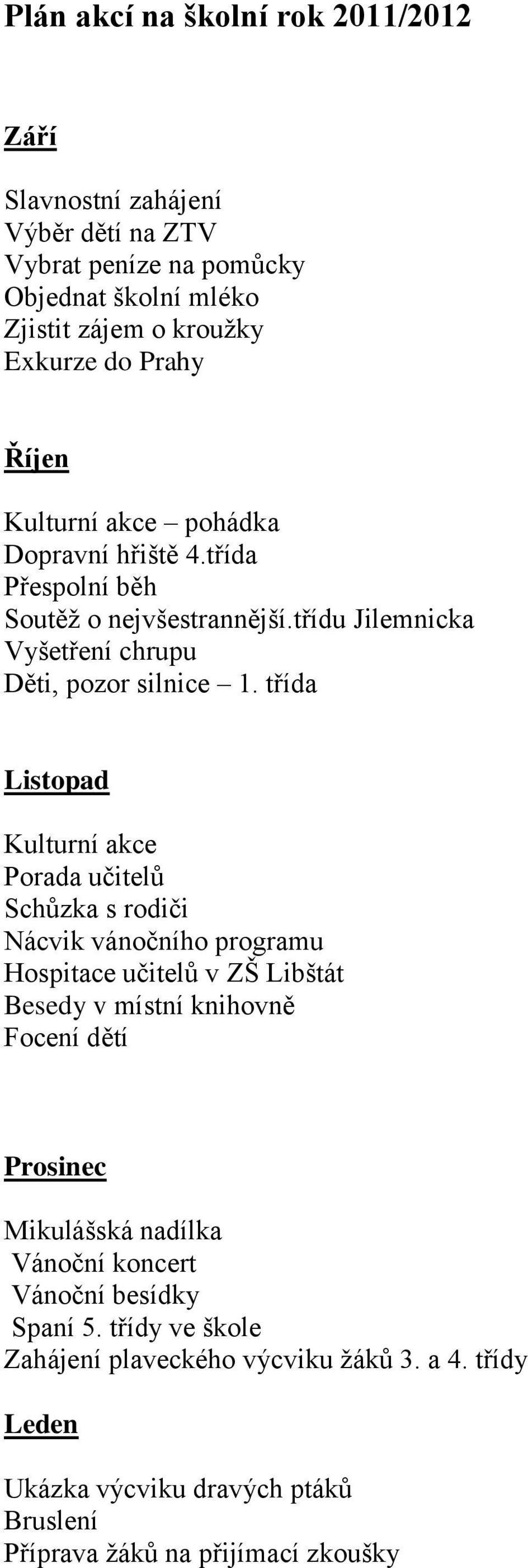 třída Listopad Kulturní akce Porada učitelů Schůzka s rodiči Nácvik vánočního programu Hospitace učitelů v ZŠ Libštát Besedy v místní knihovně Focení dětí Prosinec